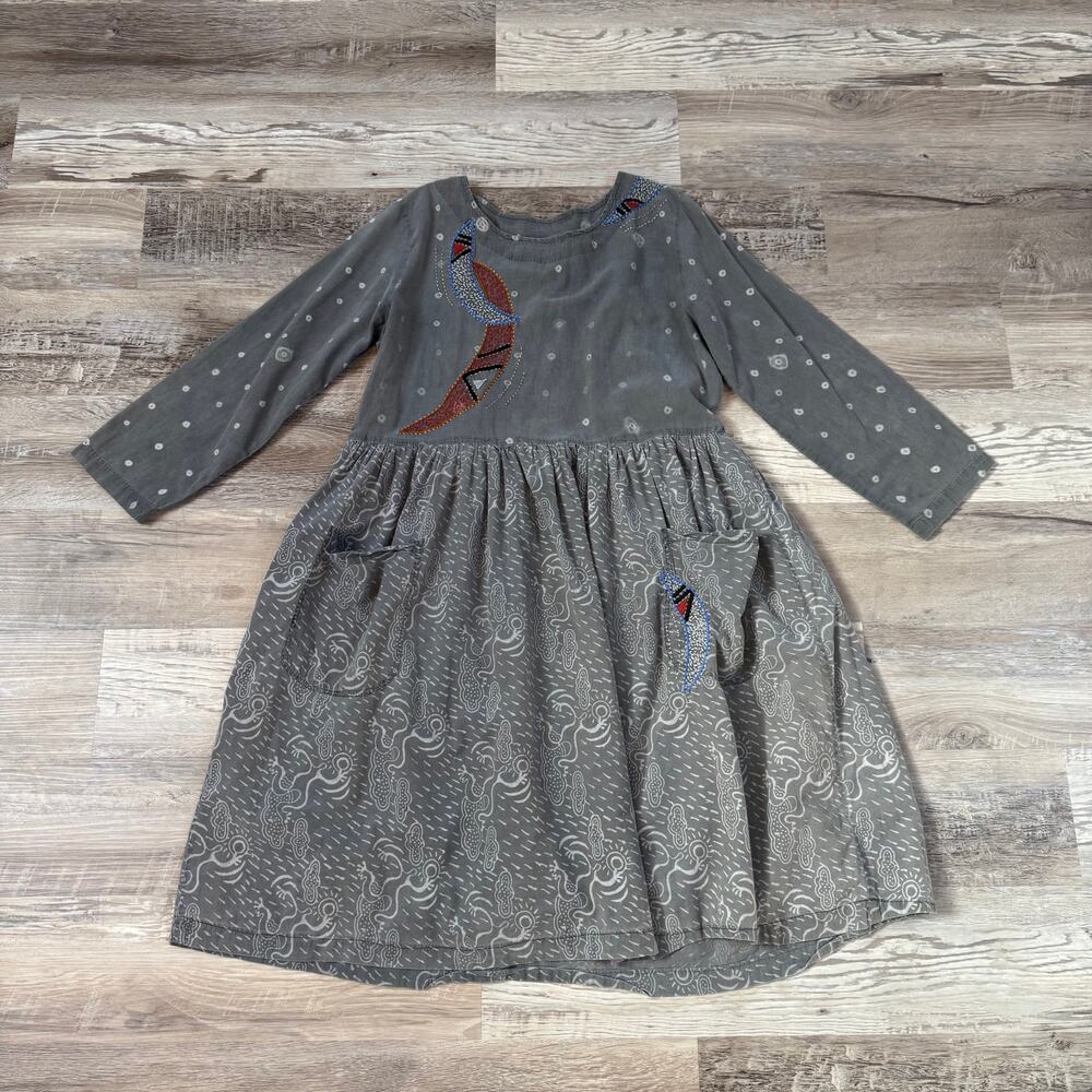 Vintage 90s Cotton Embroidered Midi Dress Gray Mori Kei Lagenlook Art Teacher S